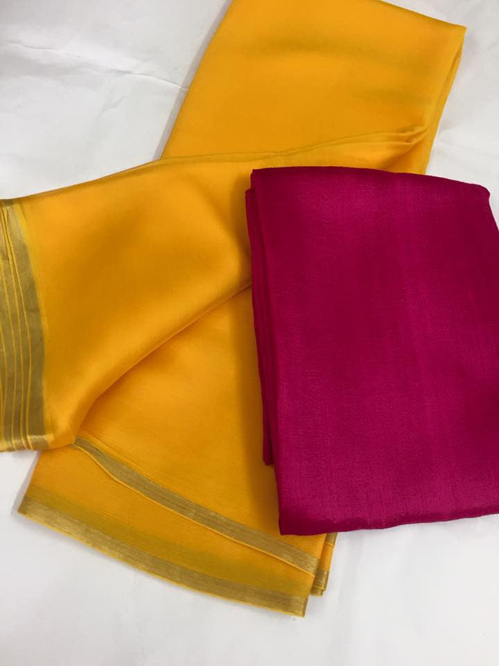 Pure raw silk top with pure silk chiffon dupatta