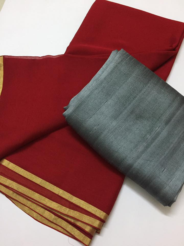 Pure raw silk top with pure silk chiffon dupatta