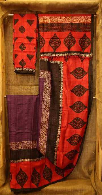 Block printed pure silk saree with blouse