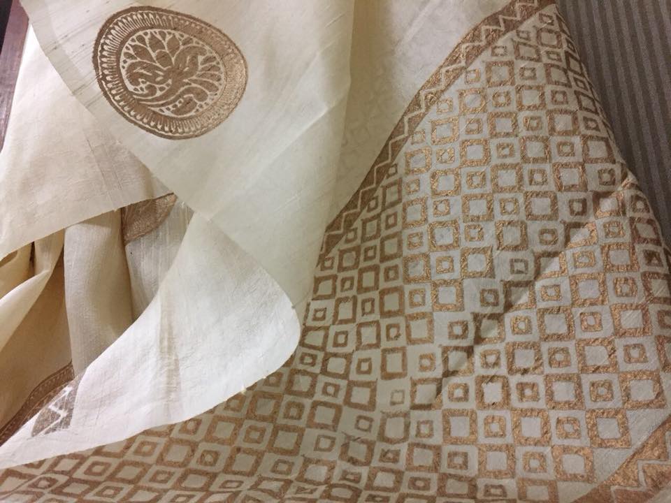 Dupion pure raw silk saree with block print