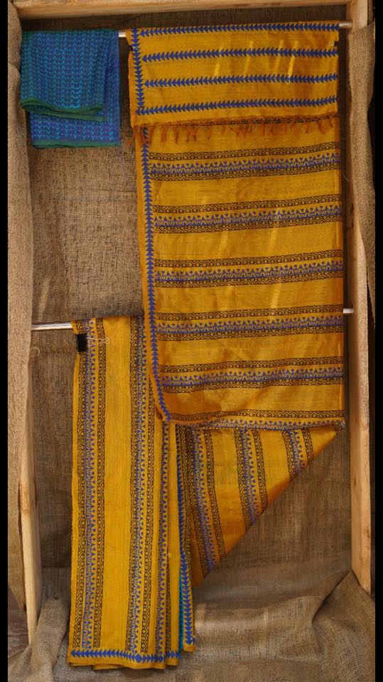 Dupion pure raw silk saree with block print