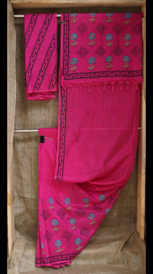 Dupion pure raw silk saree with block print