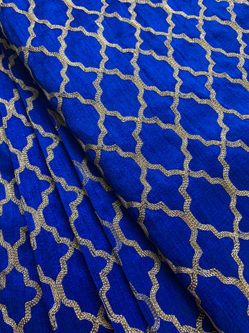 Embroidery on royal blue raw silk fabric