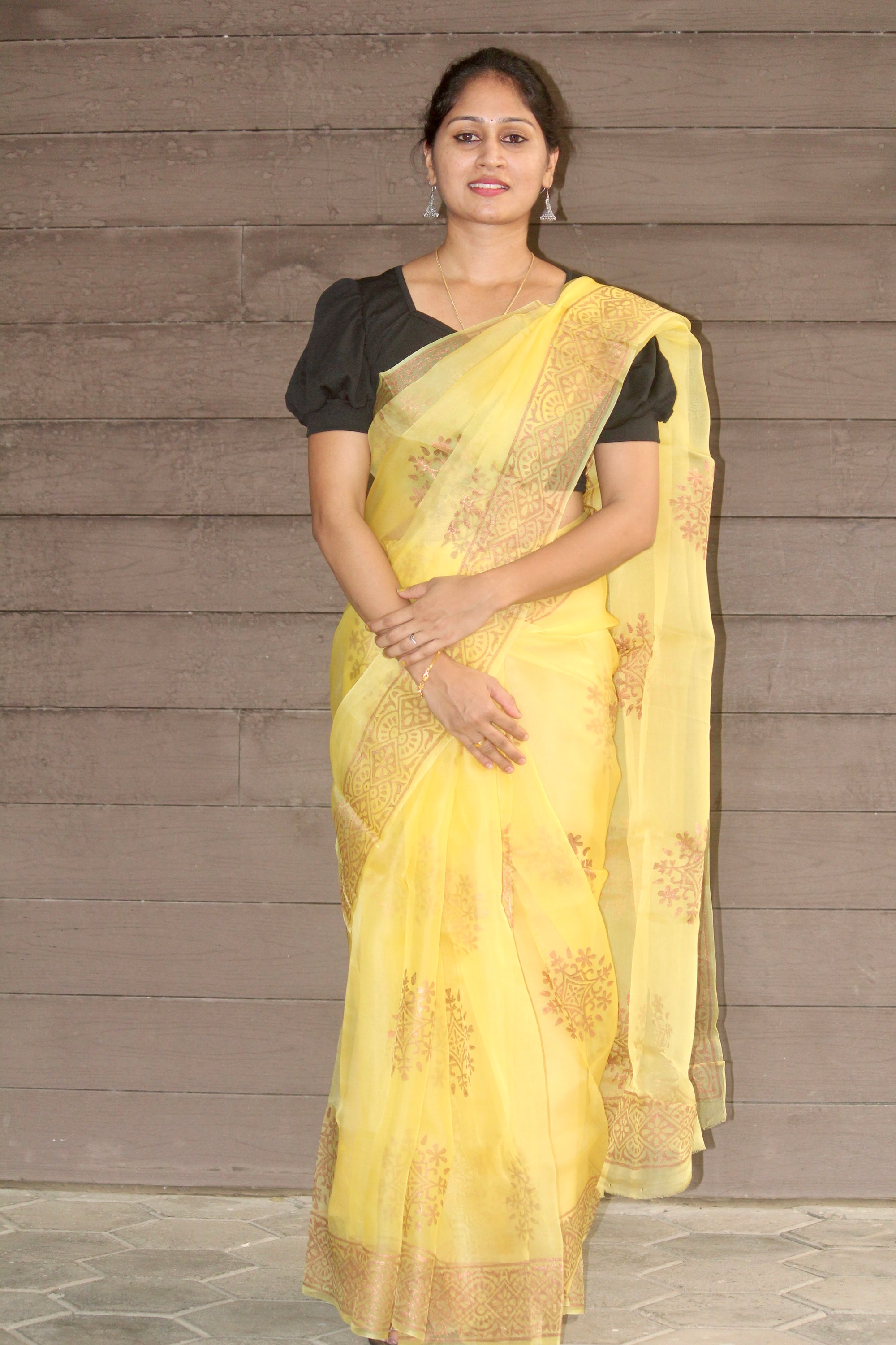 BLOCK PRINTED PURE SILK ORGANZA SAREE