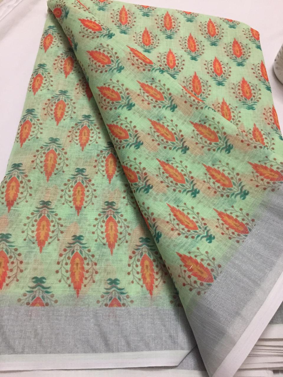 Printed Linen fabric with zari border