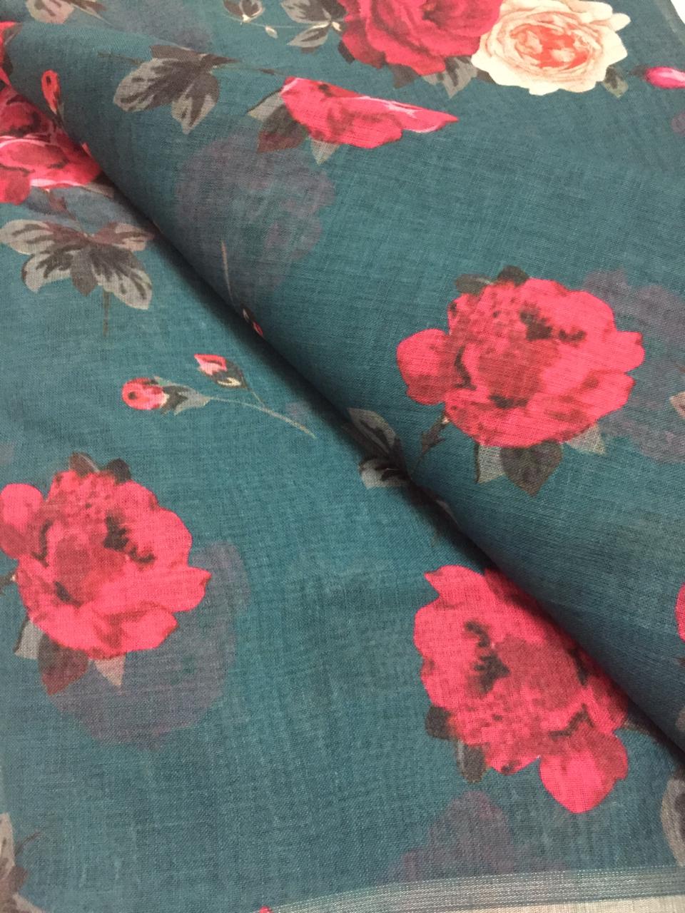 Printed Linen fabric with zari border