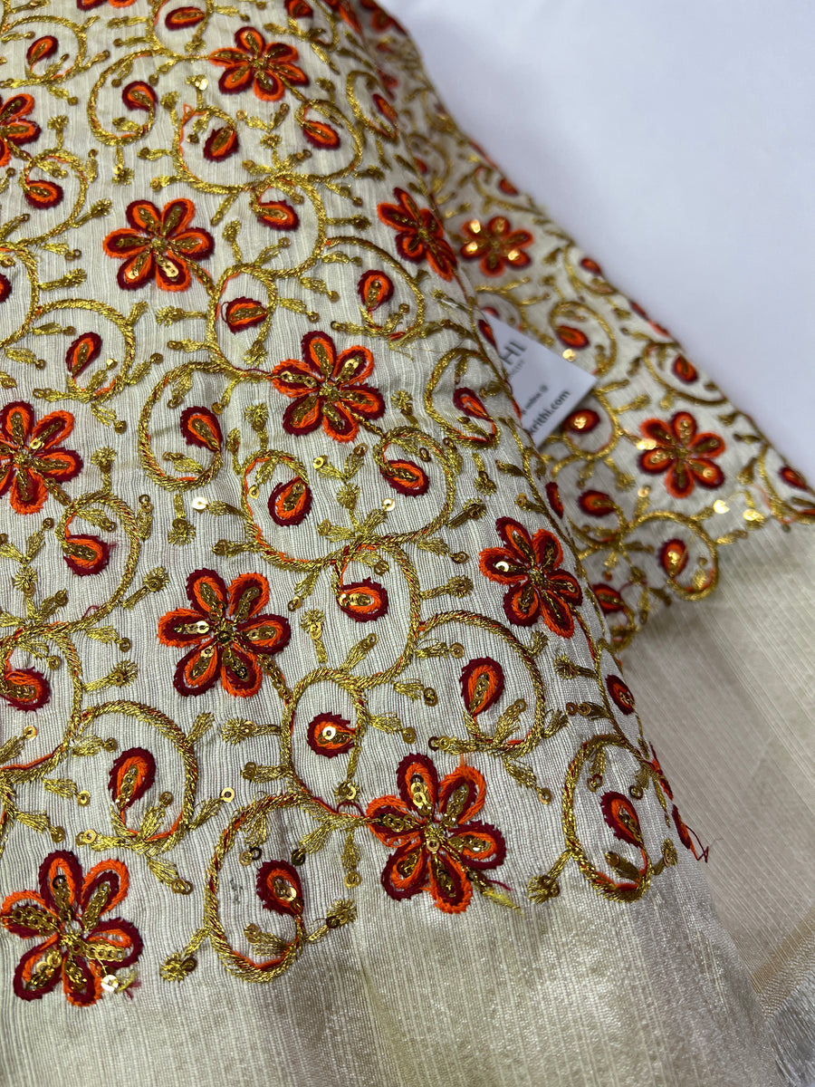 Embroidery on raw silk fabric