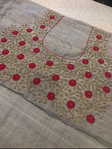 Hand embroidered pure raw silk blouse fabric