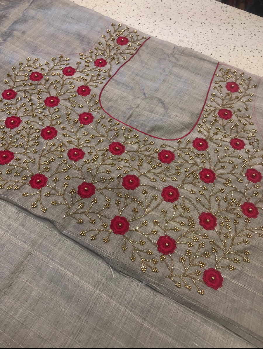 Hand embroidered pure raw silk blouse fabric