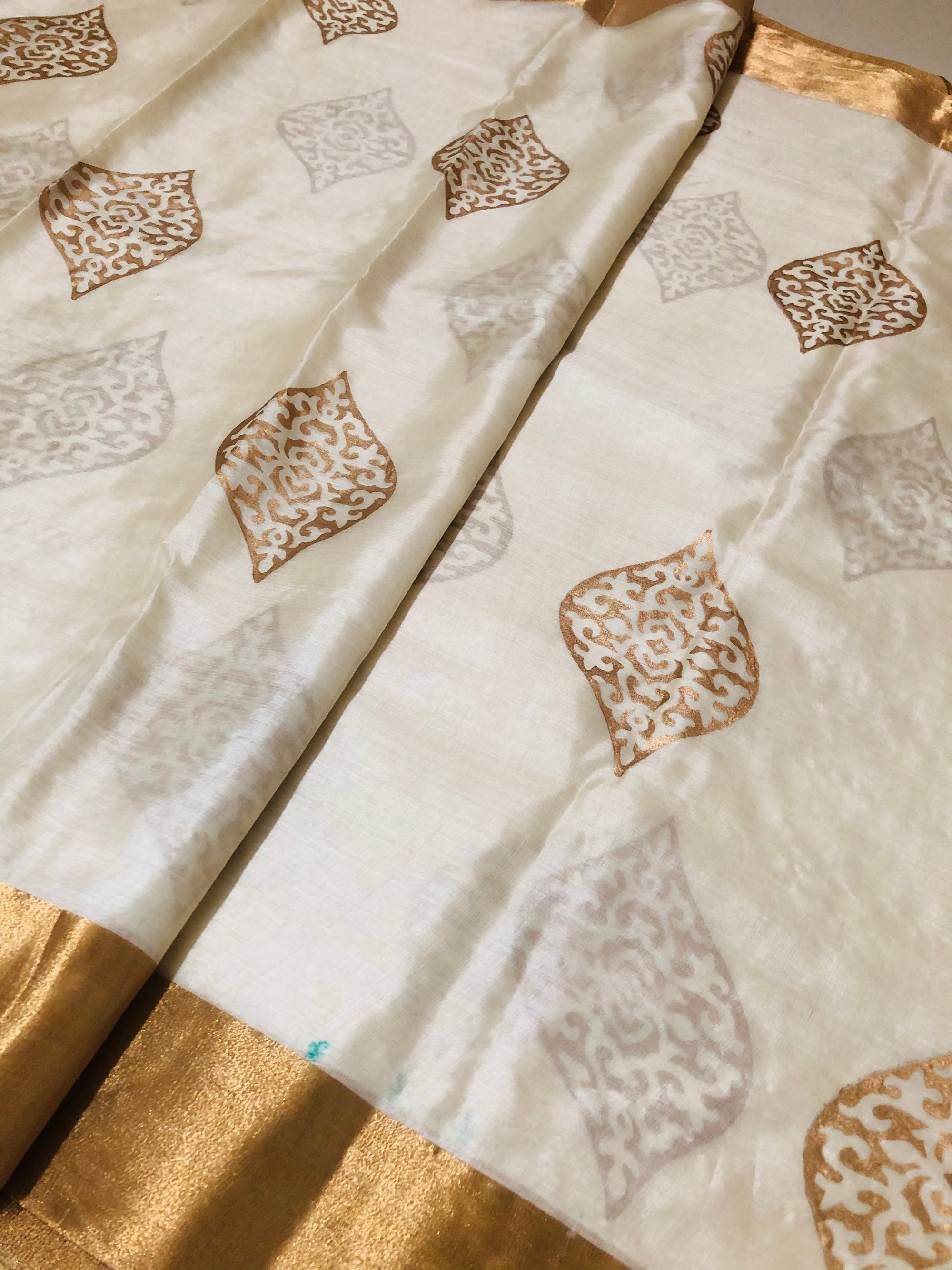 Pure Tussar  silk saree with block print