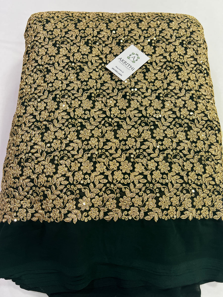 Embroidery on dark green georgette fabric