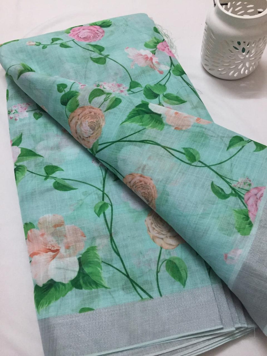 Printed Linen fabric with zari border 1.6 metres cut