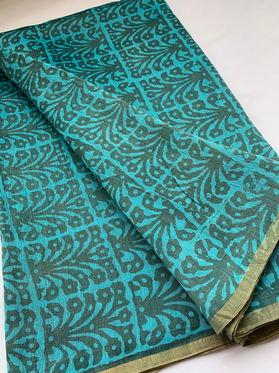 Handloom Printed pure linen silk fabric 40 cms cut