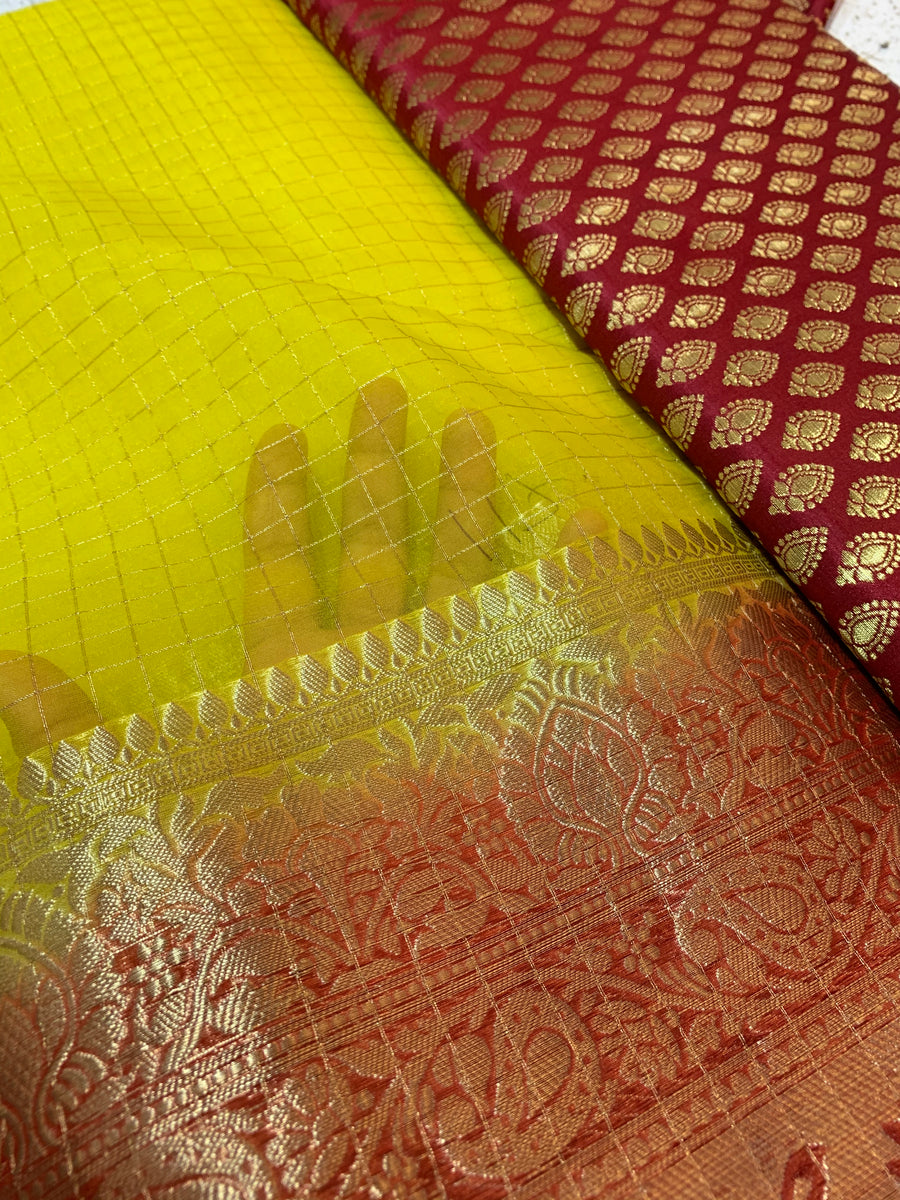 Banarasi fabric with organza checks combo
