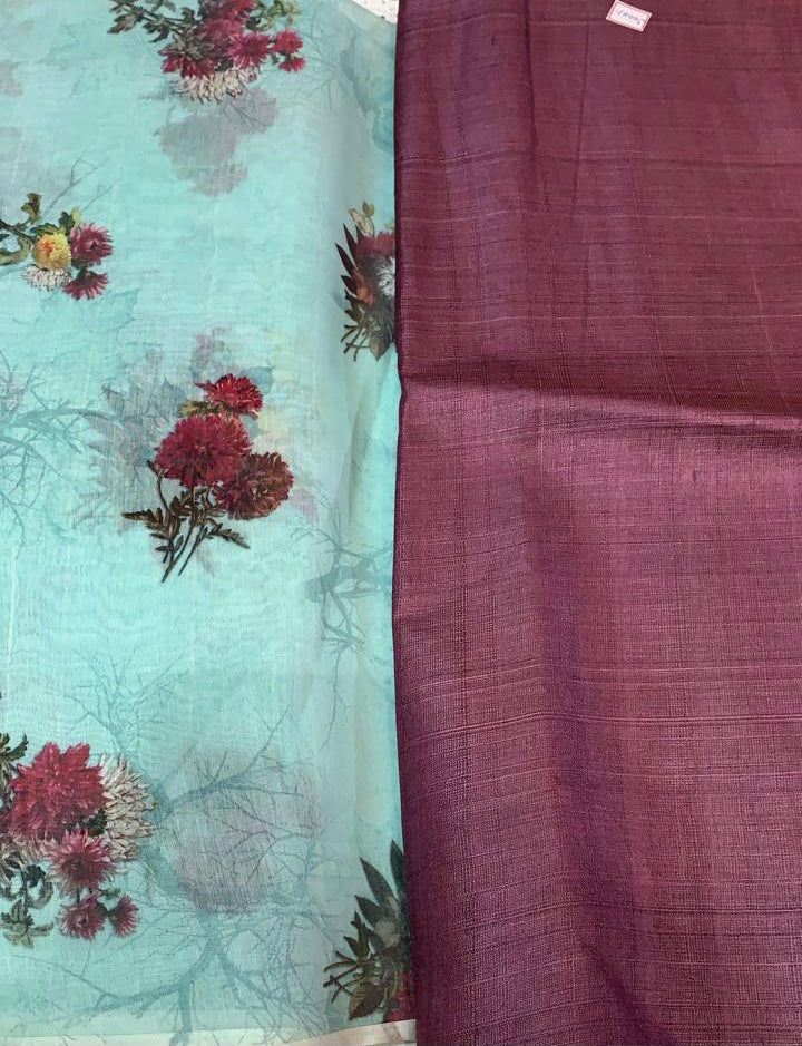 Printed pure silk cotton saree with pure Tussar silk blouse