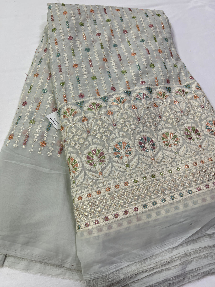 Multi colour Embroidery on light grey Georgette fabric