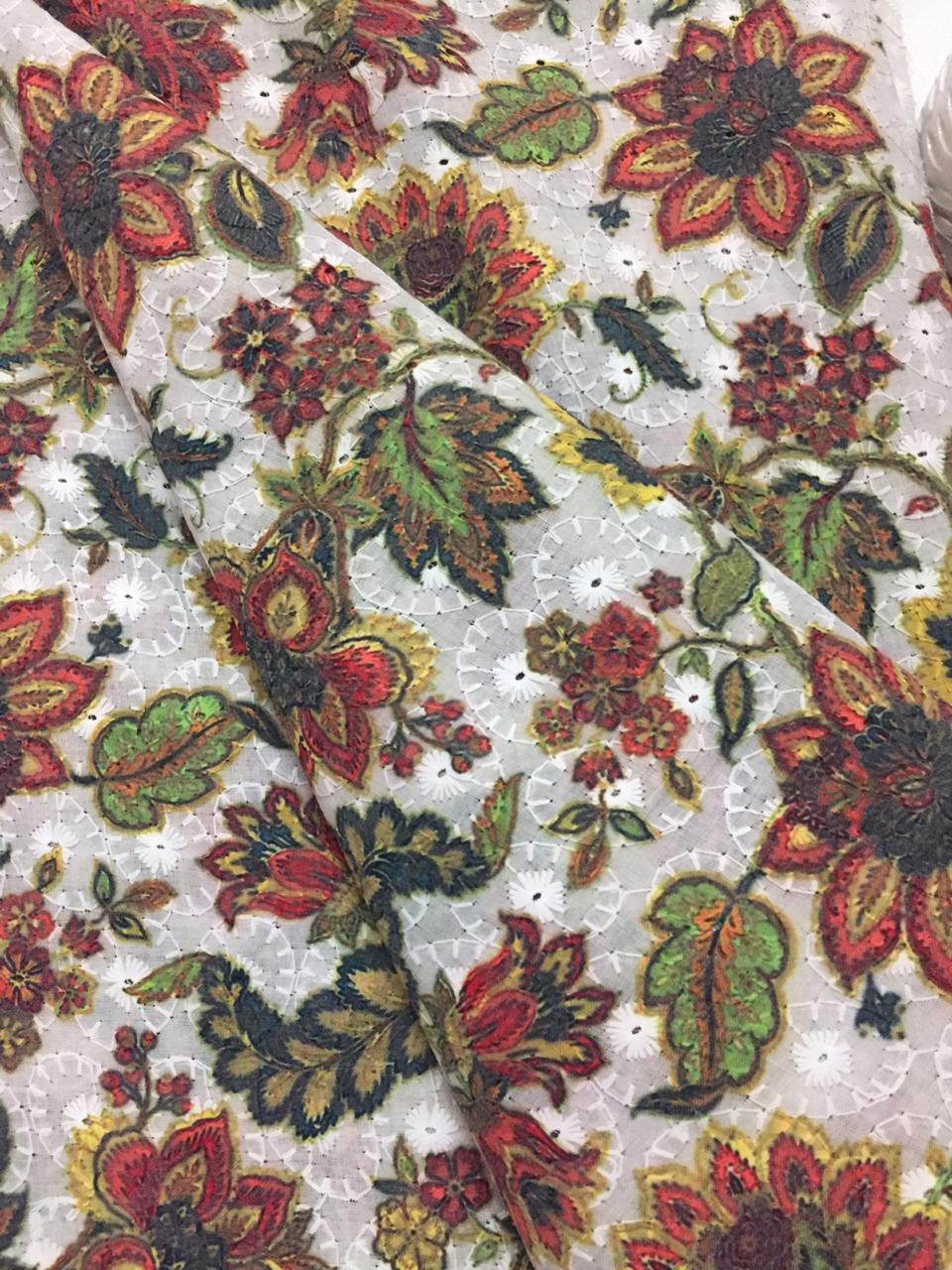 Schiffli embroidered Printed cotton fabric