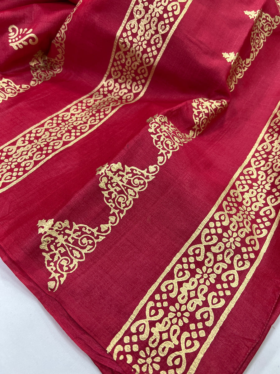 Pure Tussar  silk saree with block print