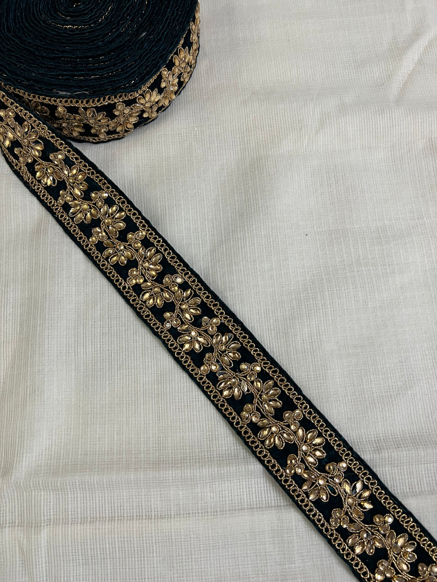 Velvet Embroidered lace 9 metres roll peacock green