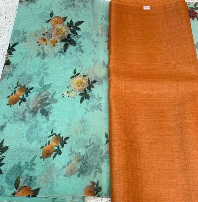 Printed pure silk cotton saree with pure Tussar silk blouse