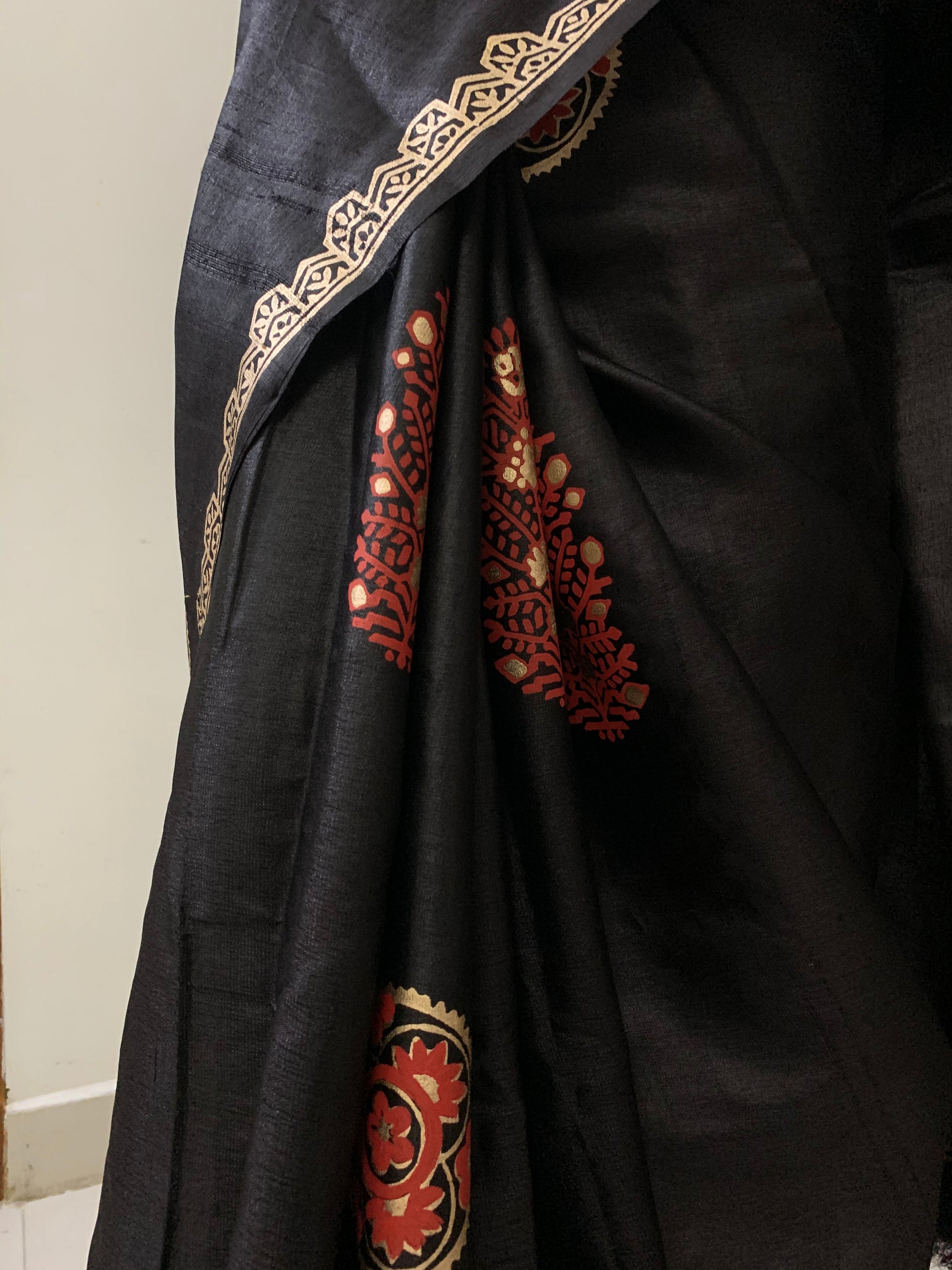 Pure Tussar  silk saree with block print