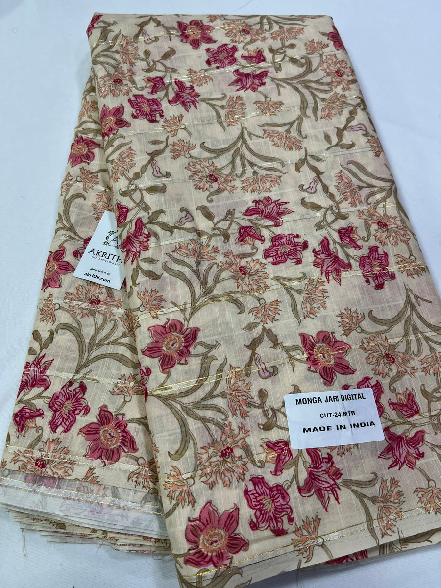 Digital printed munga cotton fabric with Zari lines