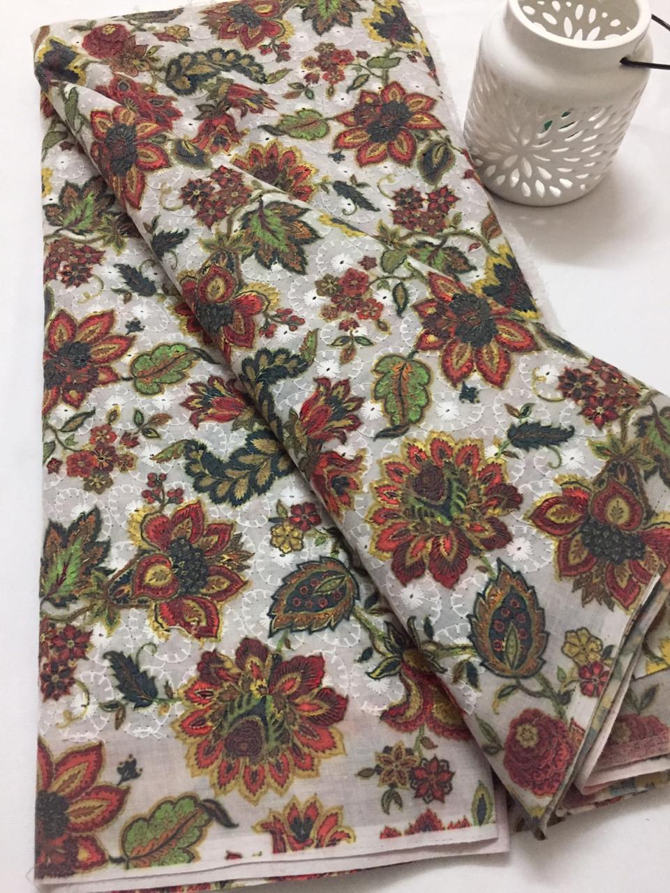 Schiffli embroidered Printed cotton fabric