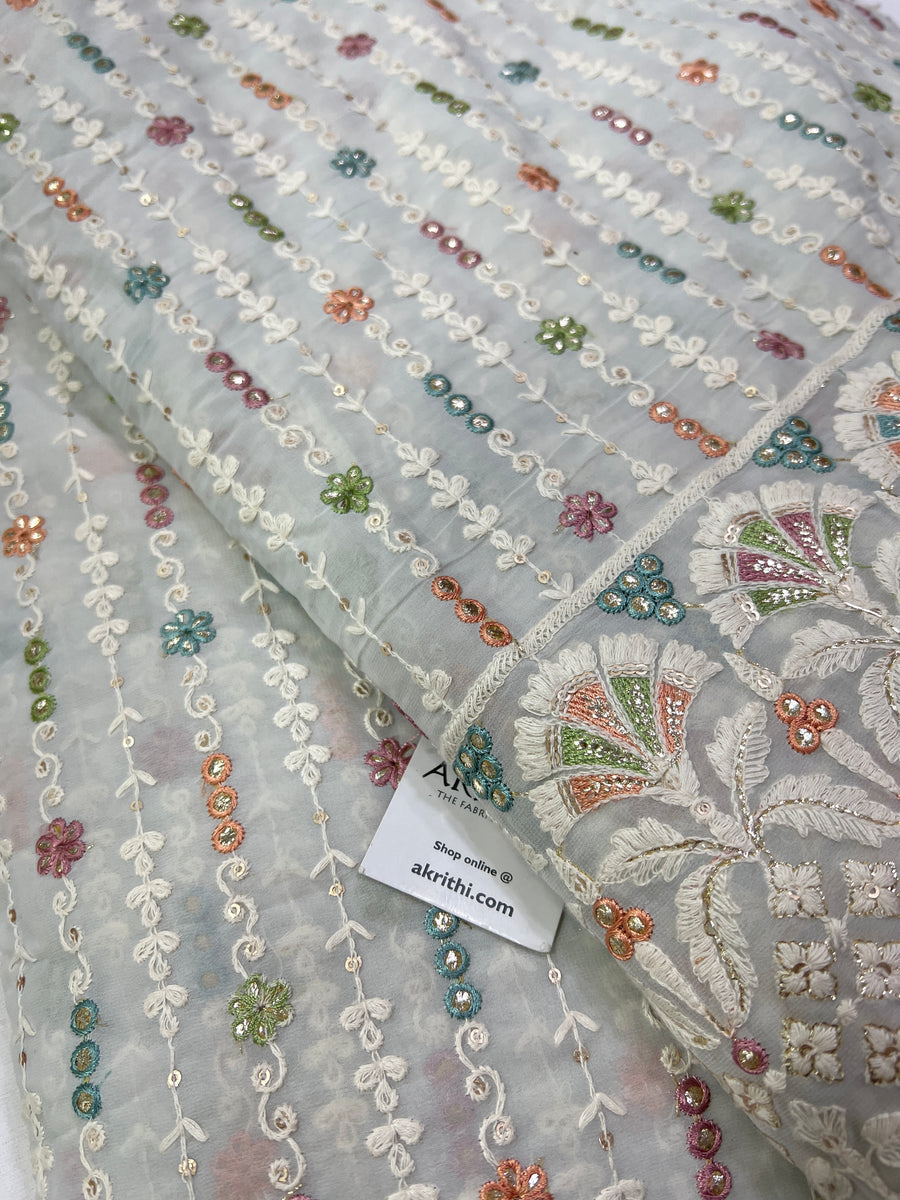 Multi colour Embroidery on light grey Georgette fabric