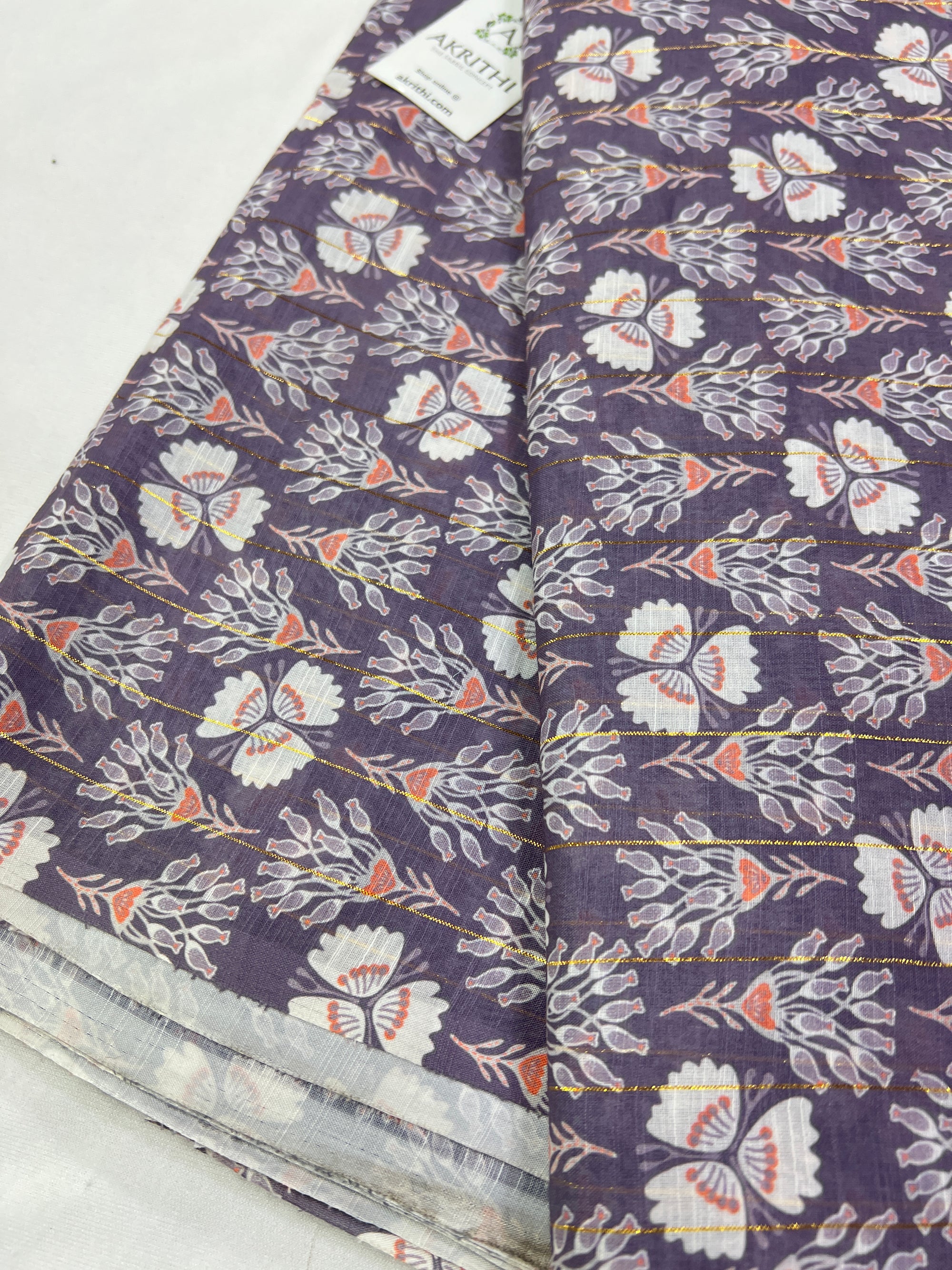 Digital printed munga cotton fabric with Zari lines