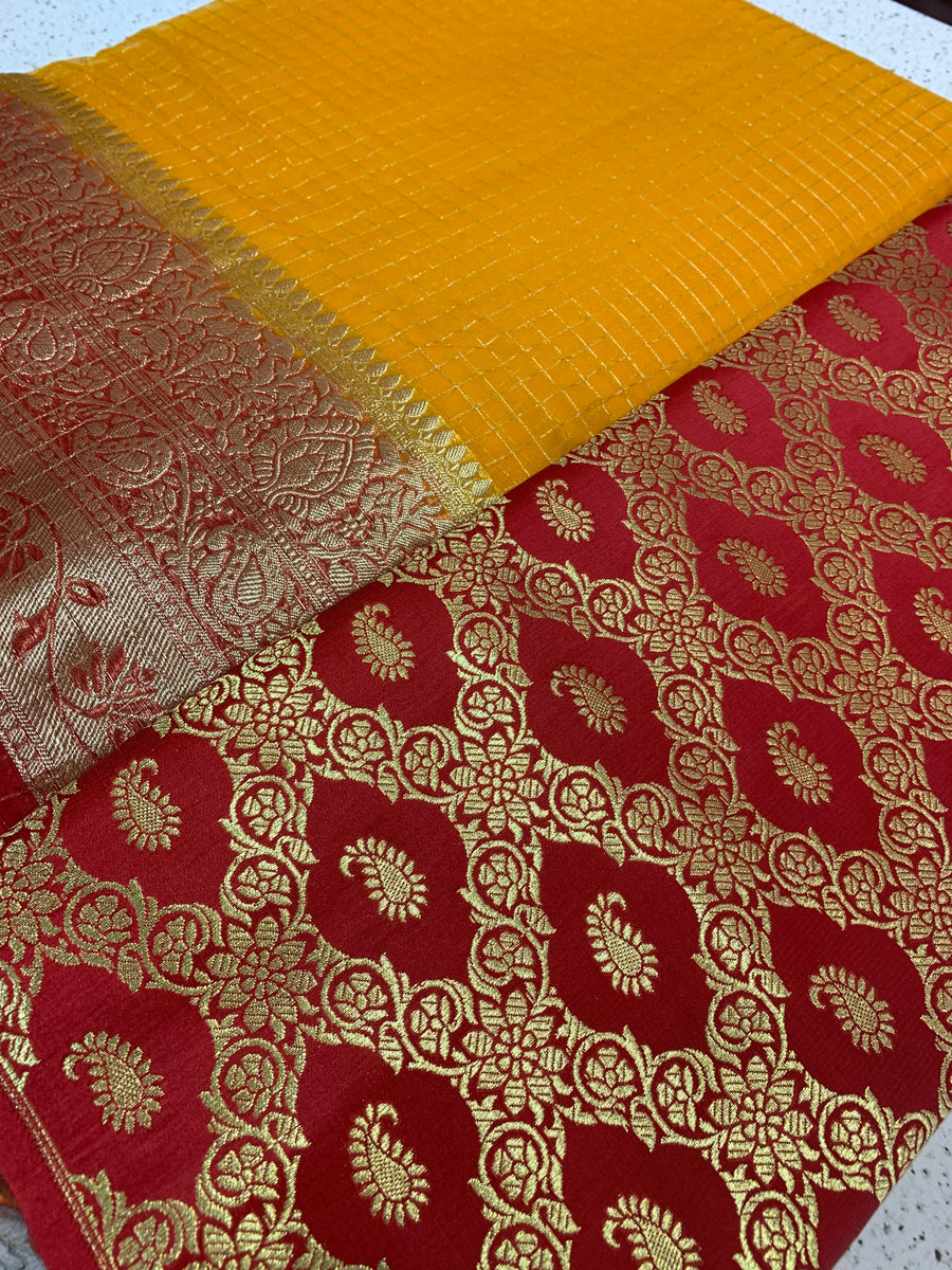 Banarasi fabric with organza checks combo