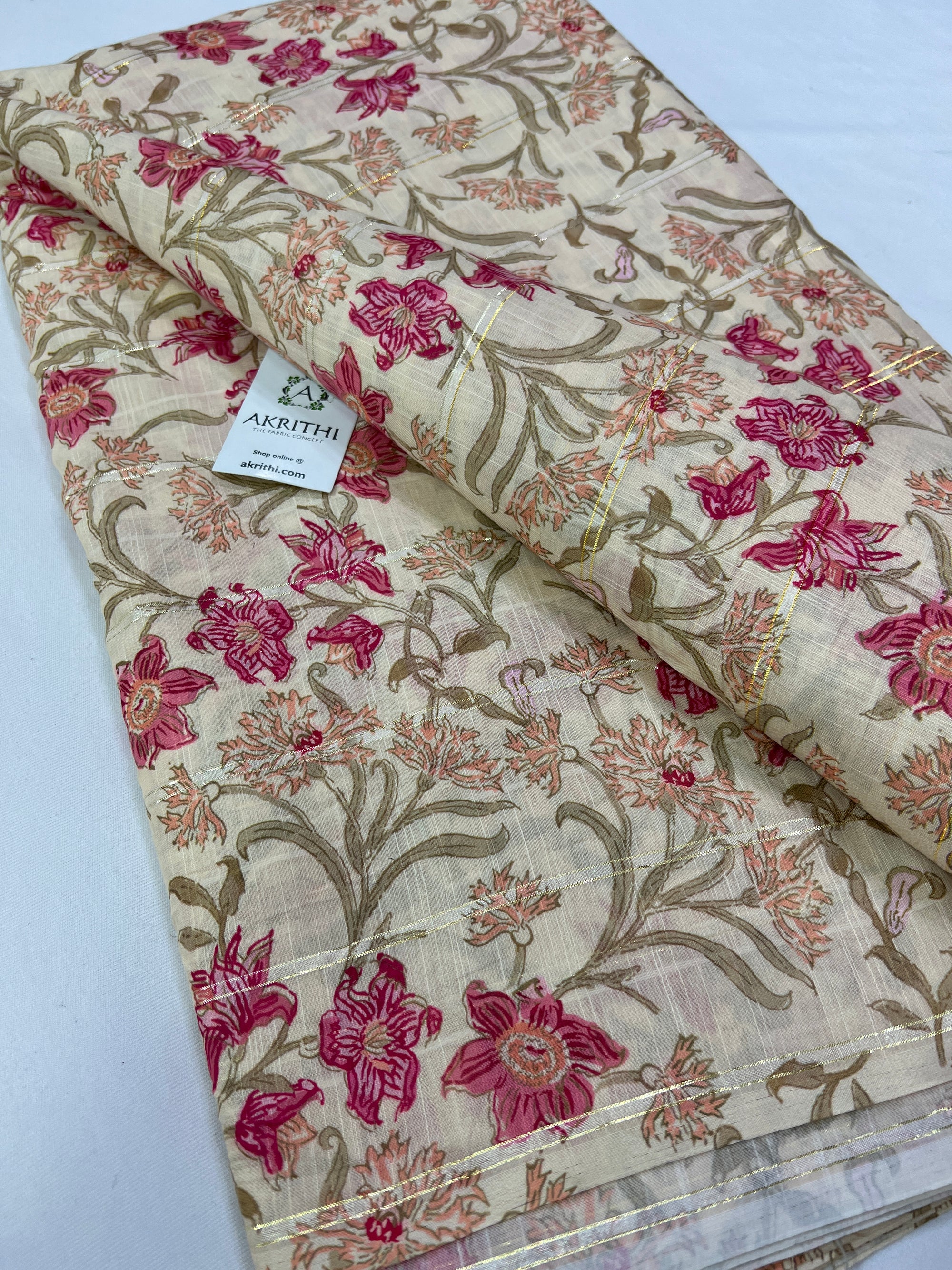 Digital printed munga cotton fabric with Zari lines