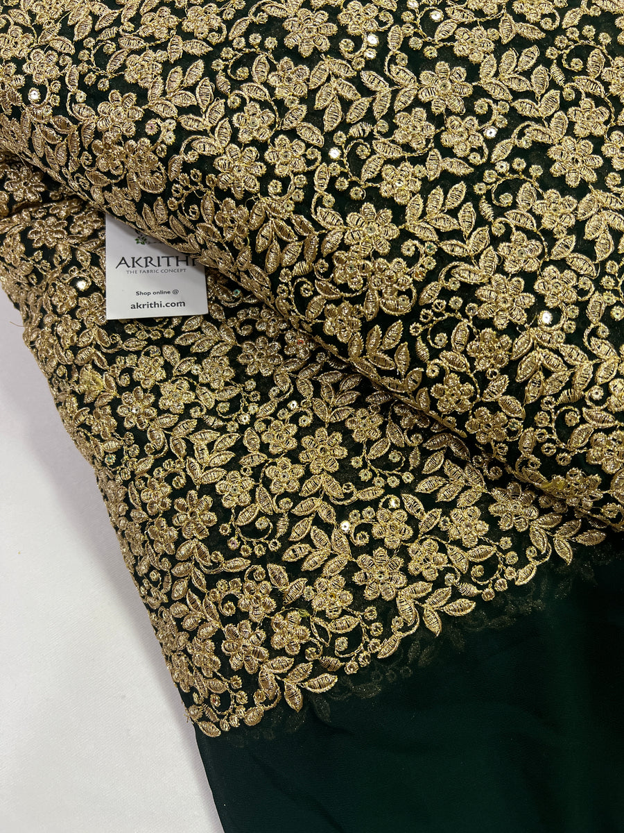 Embroidery on dark green georgette fabric