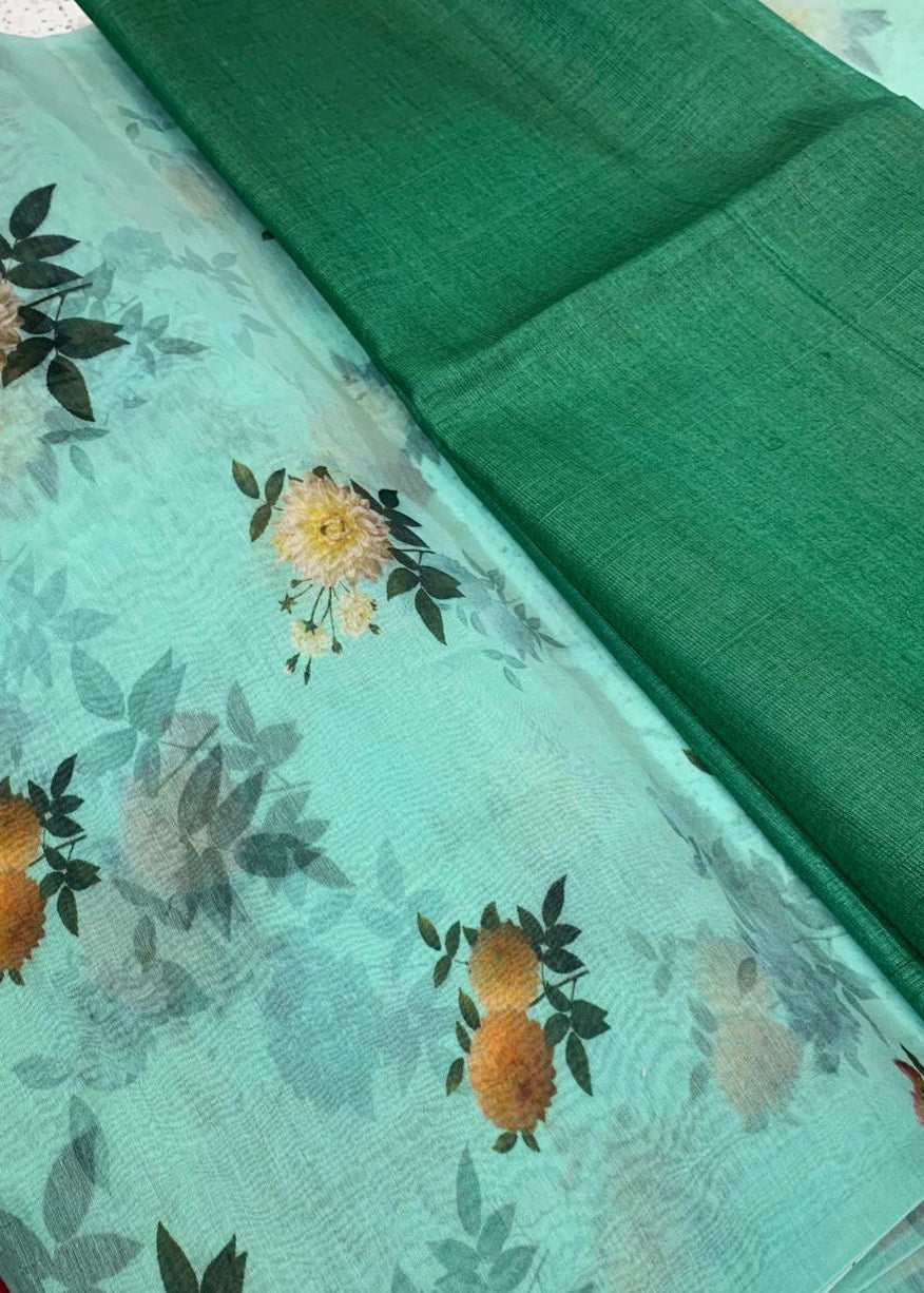 Printed pure silk cotton saree with pure Tussar silk blouse