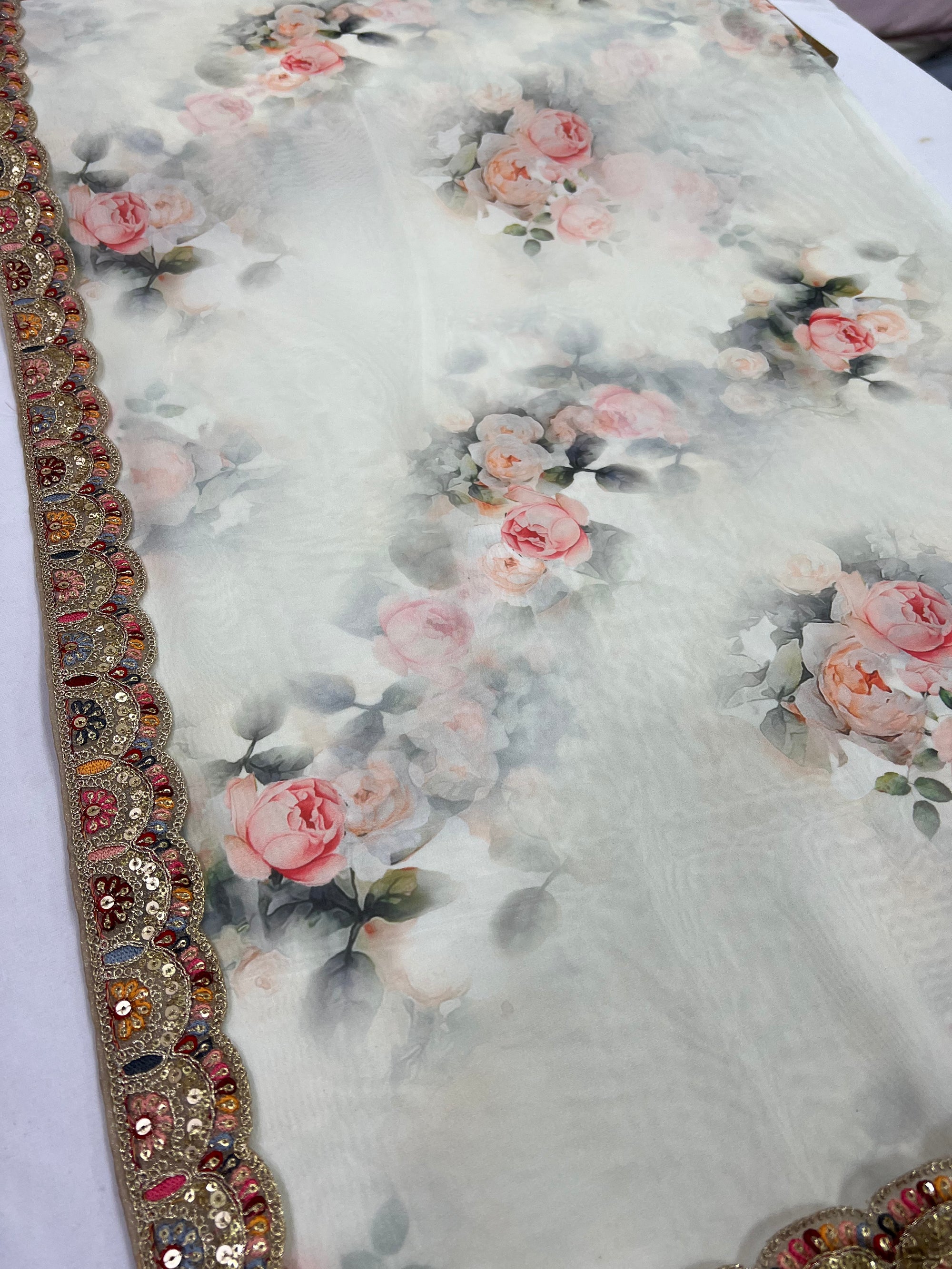 Printed Organza saree with lace
