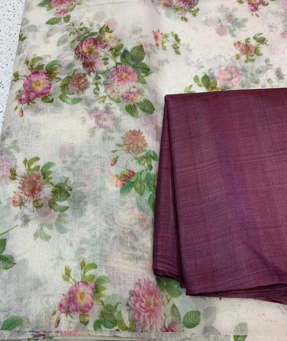 Printed pure silk cotton saree with pure Tussar silk blouse