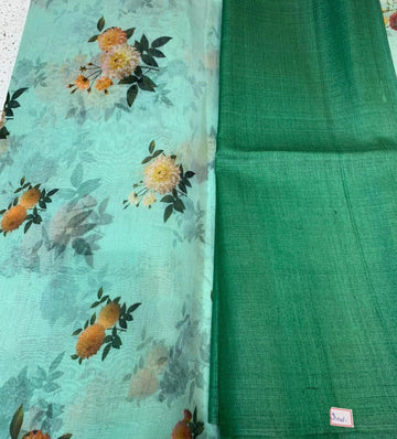 Printed pure silk cotton saree with pure Tussar silk blouse