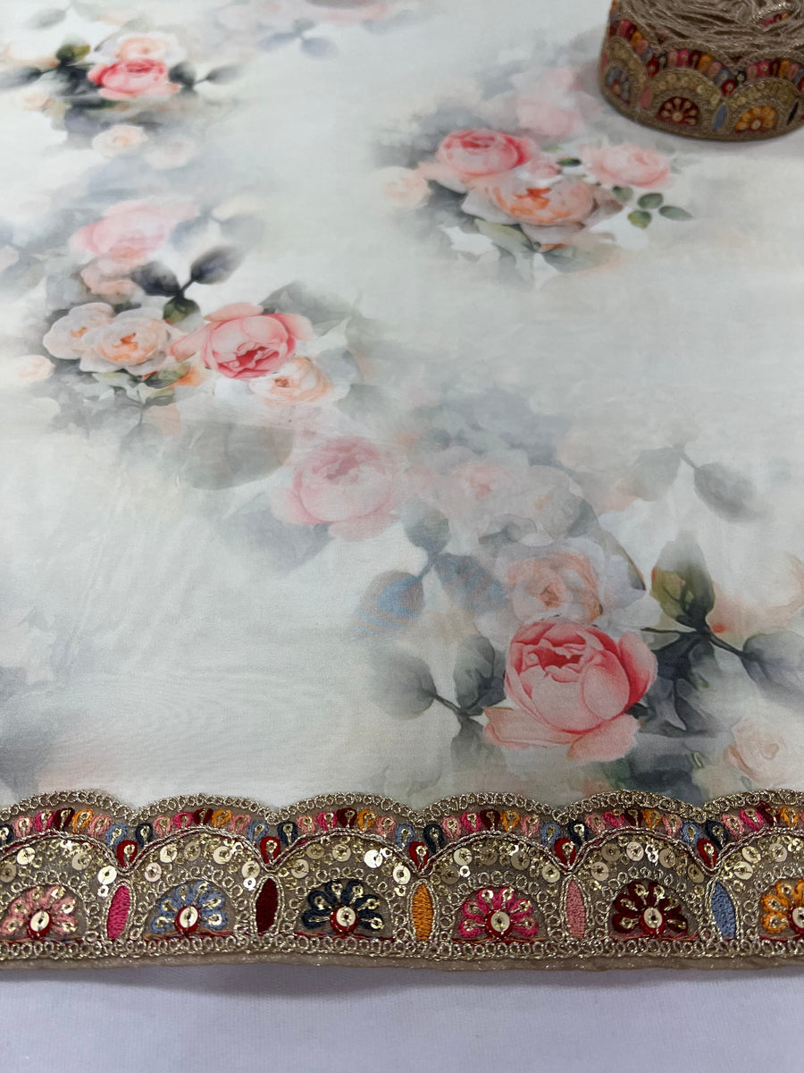 Printed Organza saree with lace