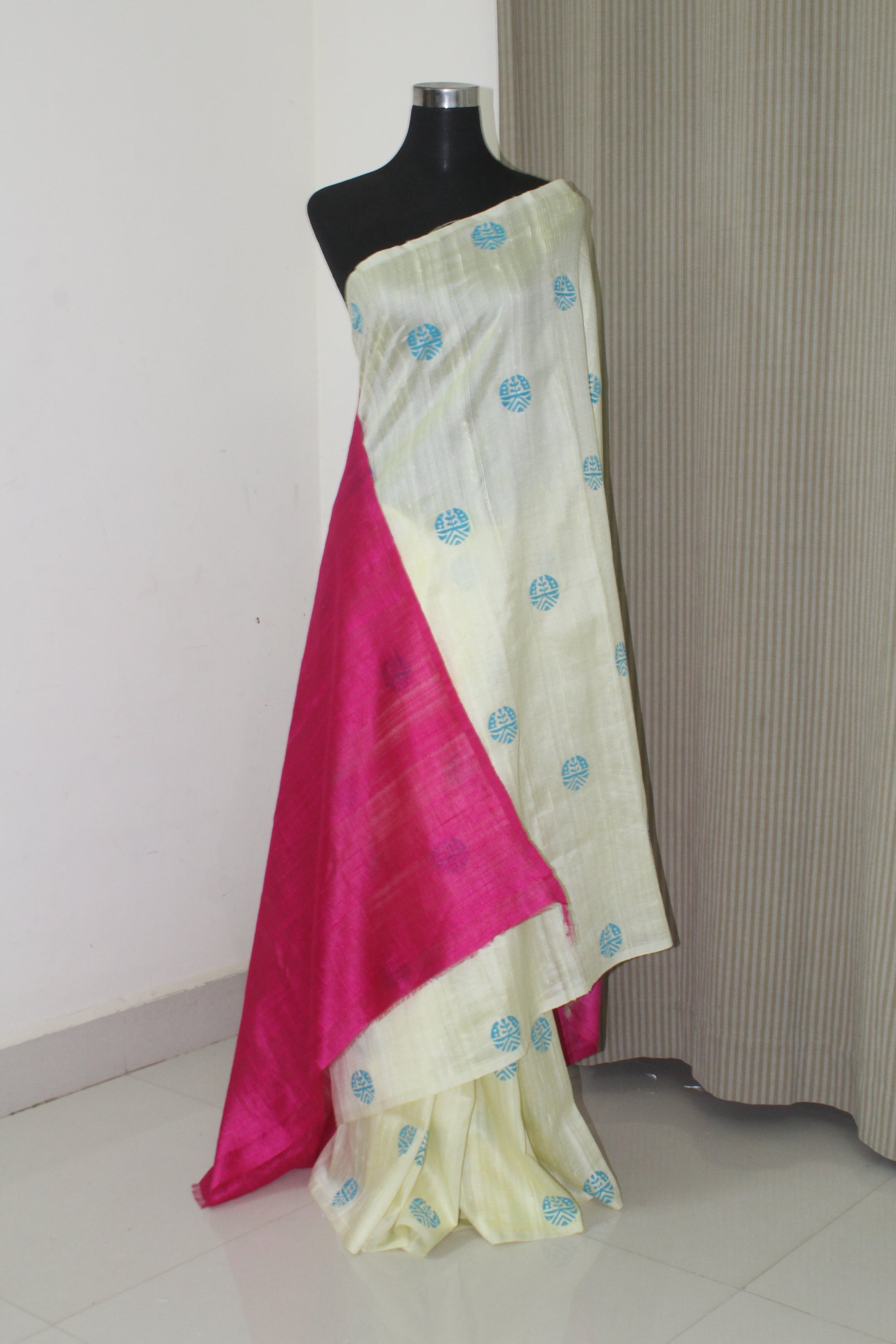 Dupion pure raw silk saree with block print