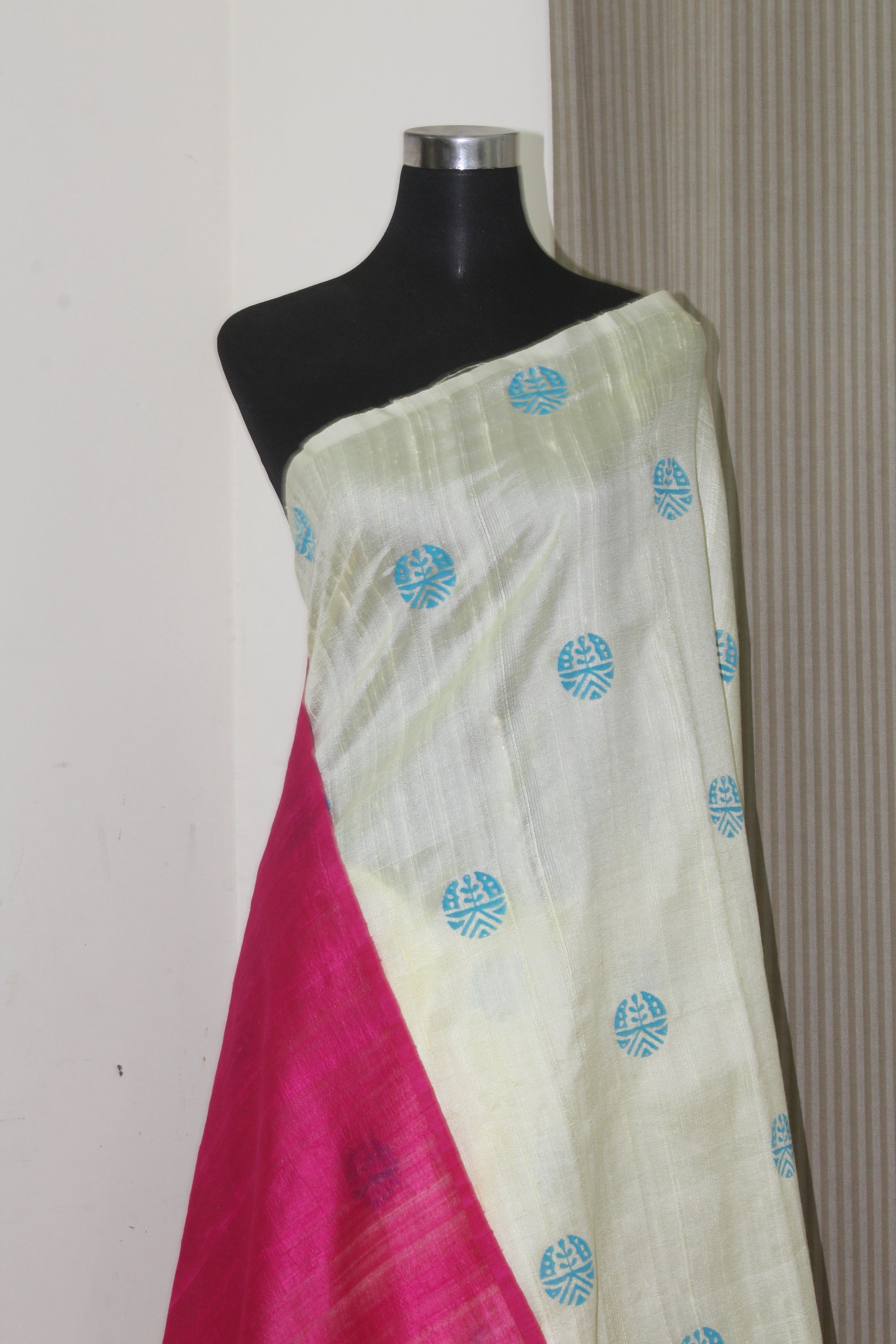 Dupion pure raw silk saree with block print