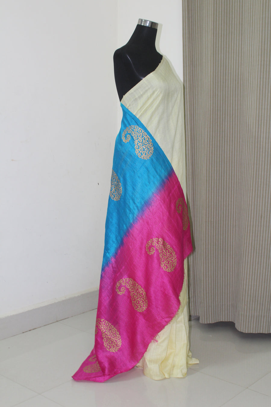 Dupion pure raw silk saree with block print