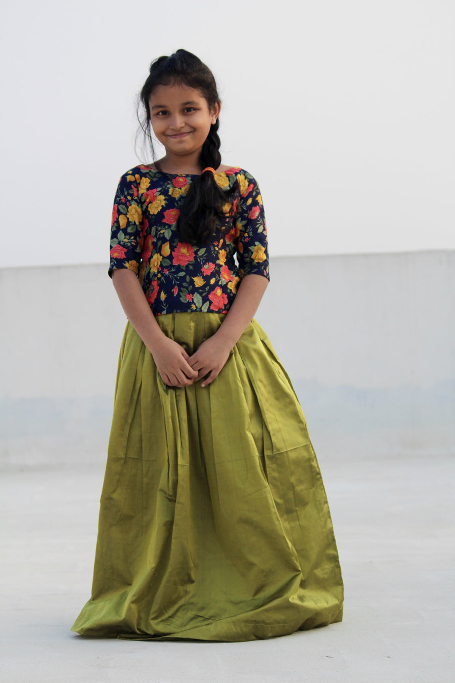 Bhagalpuri silk printed top with pure silk skirt