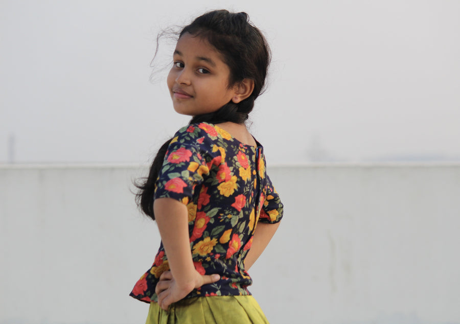Bhagalpuri silk printed top with pure silk skirt