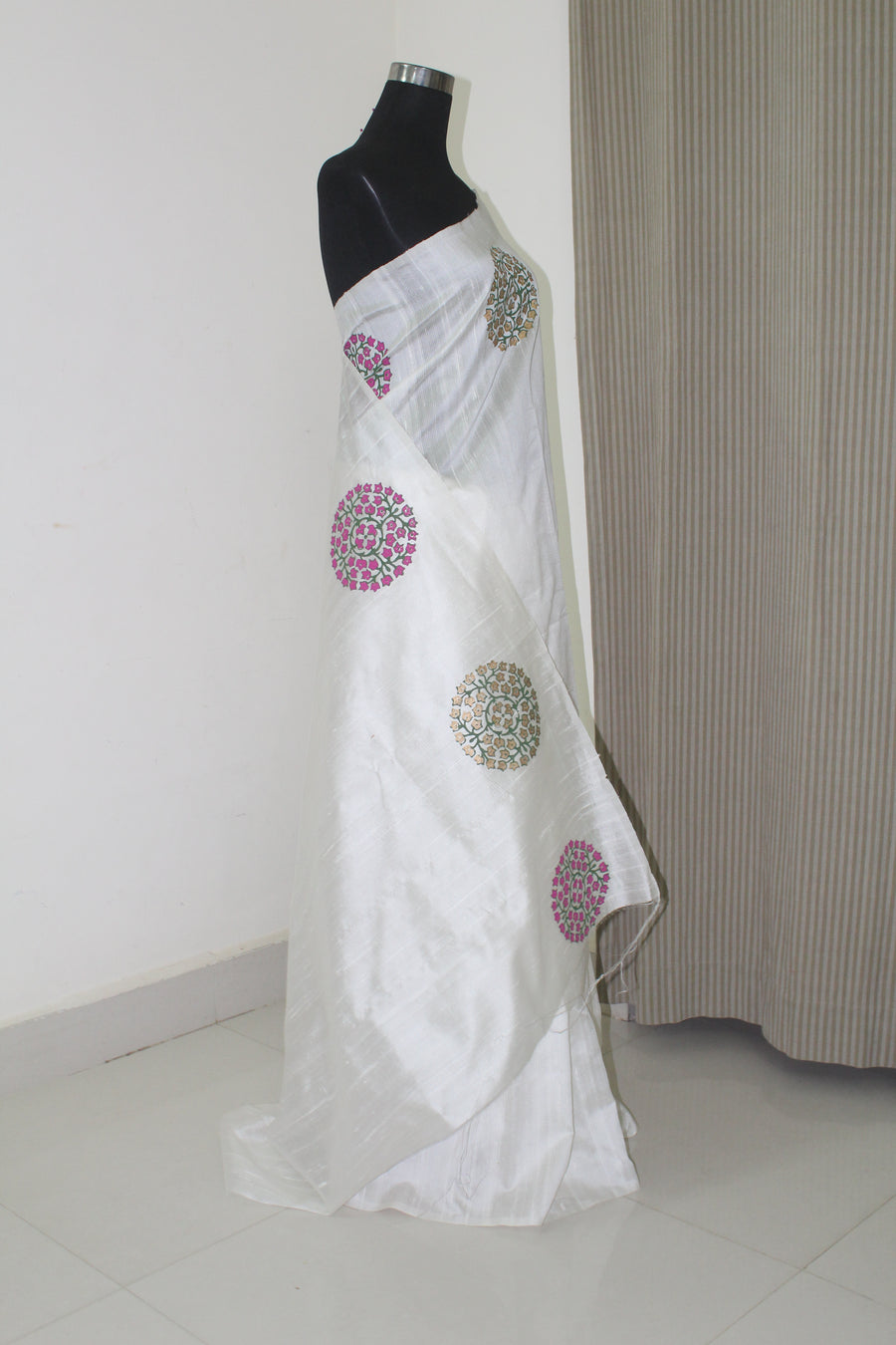 Dupion pure raw silk saree with block print