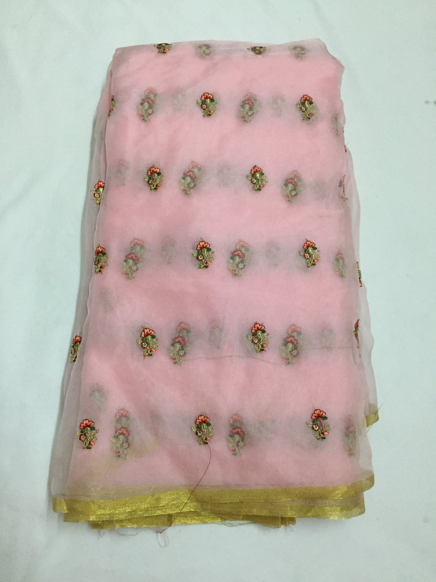 Embroidery on organza with zari border saree