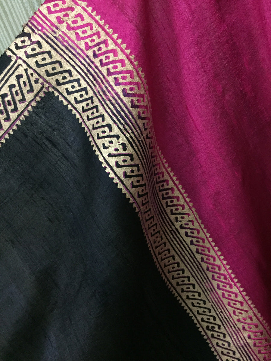 Pure raw silk saree with gold hand block print border