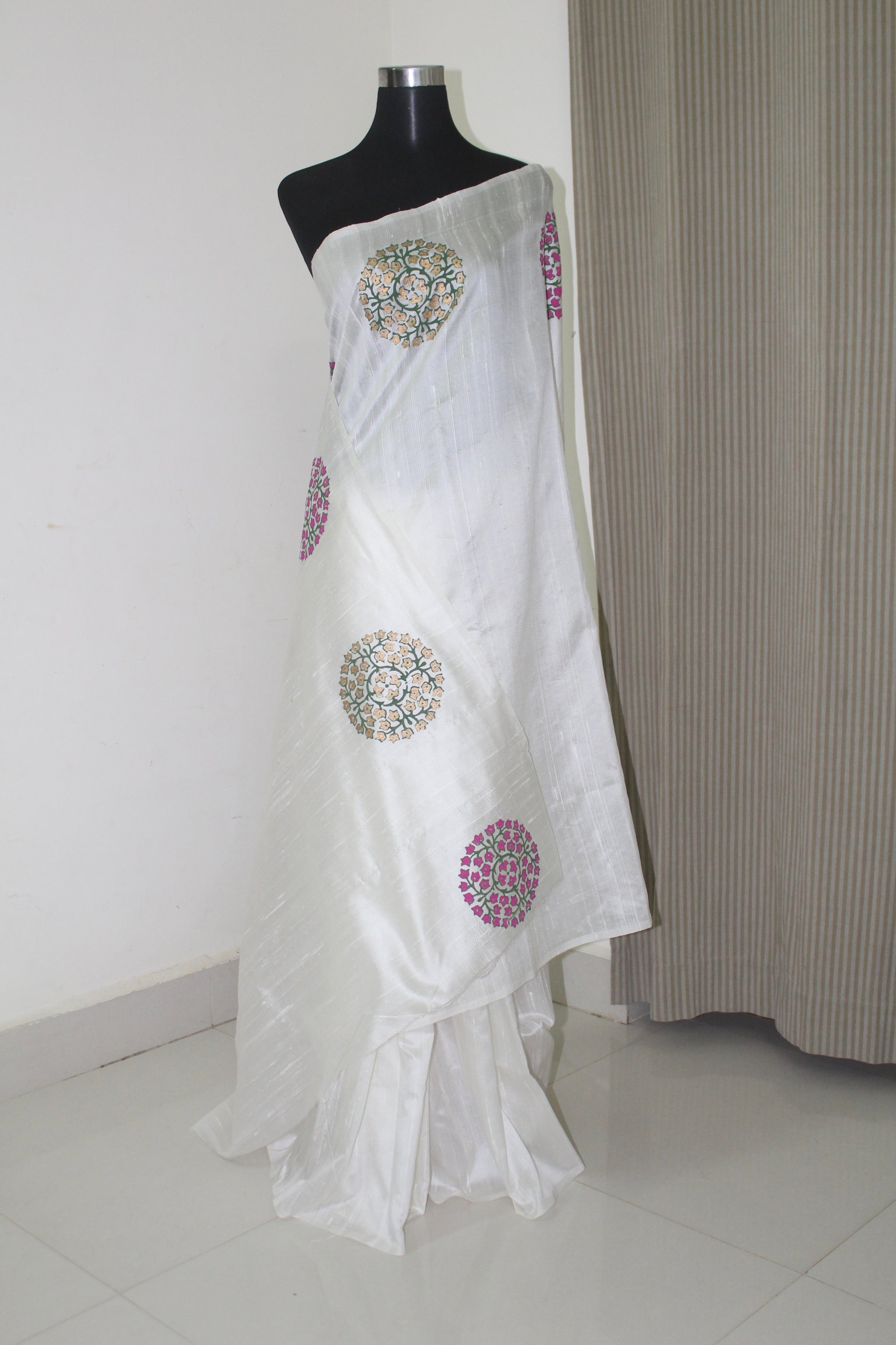 Dupion pure raw silk saree with block print