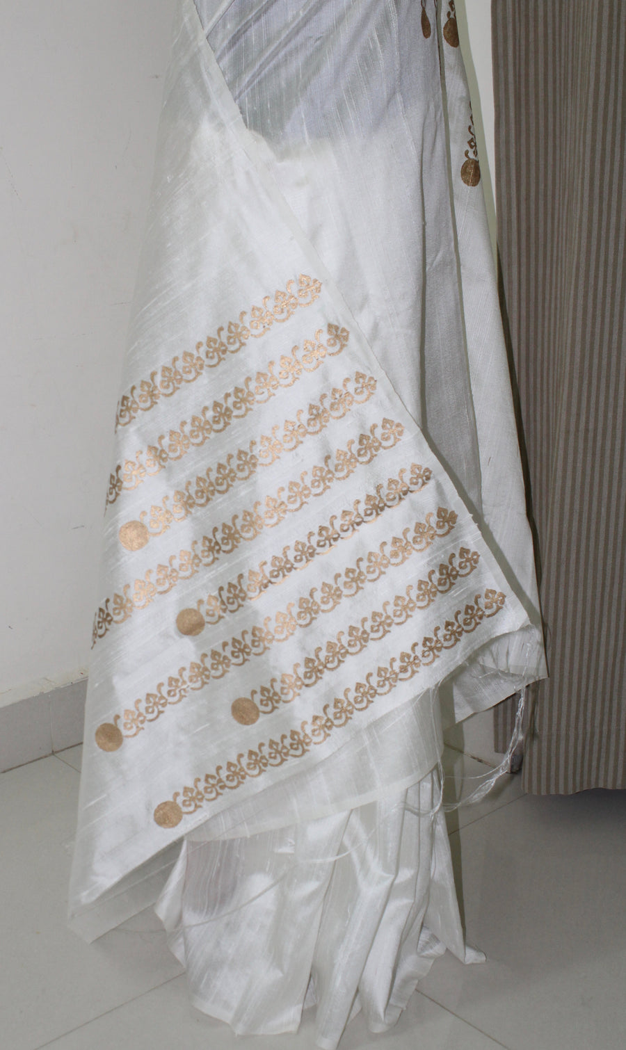 Dupion pure raw silk saree with block print