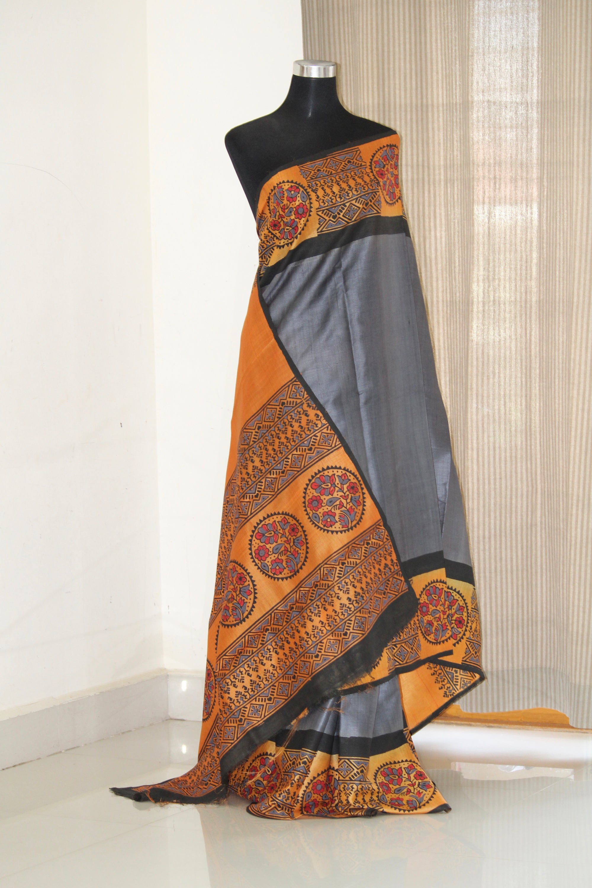 Block printed Handloom pure tussar silk saree