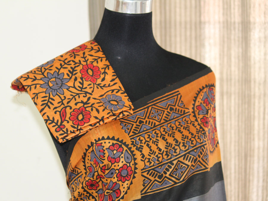 Block printed Handloom pure tussar silk saree