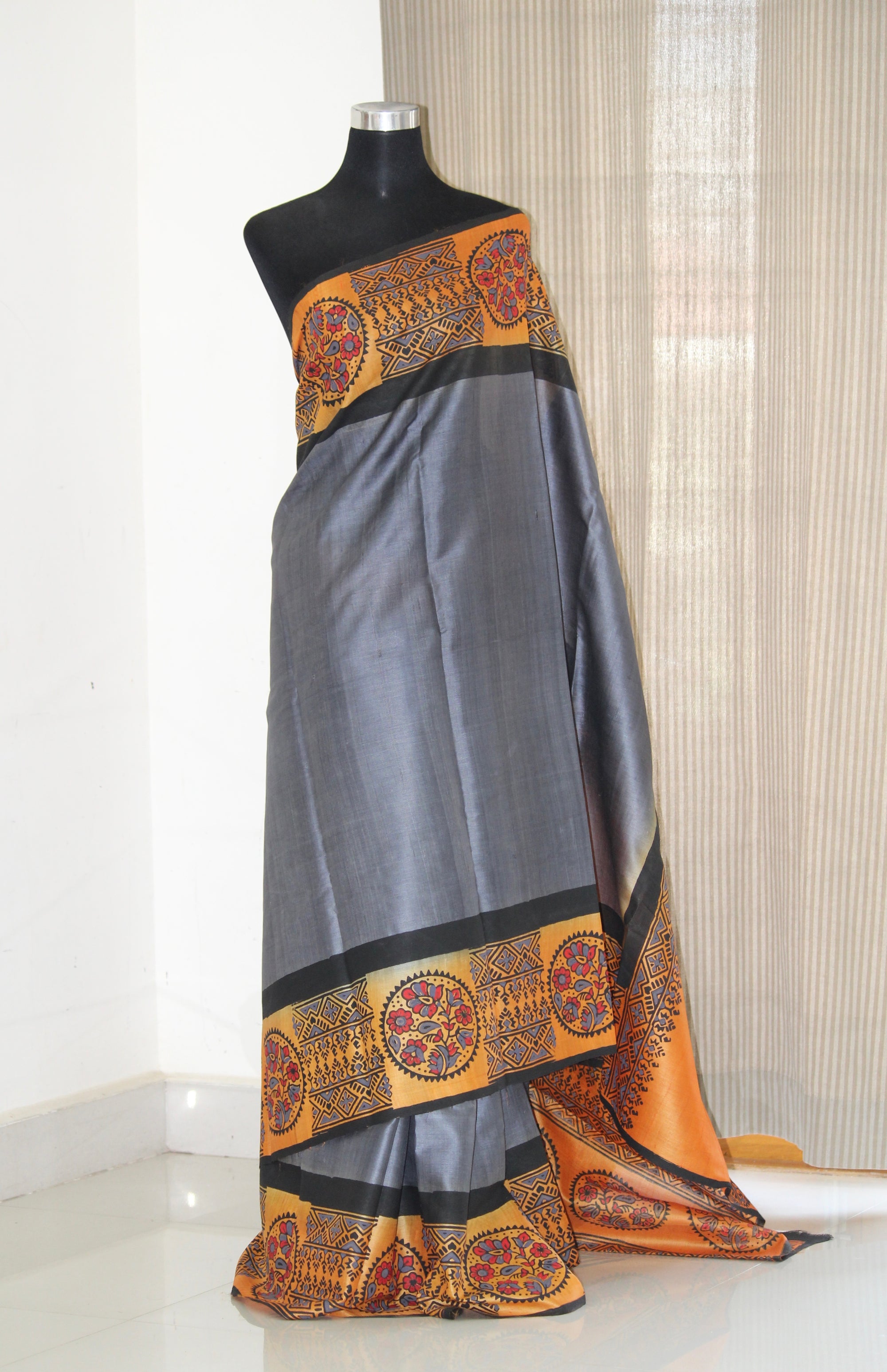Block printed Handloom pure tussar silk saree